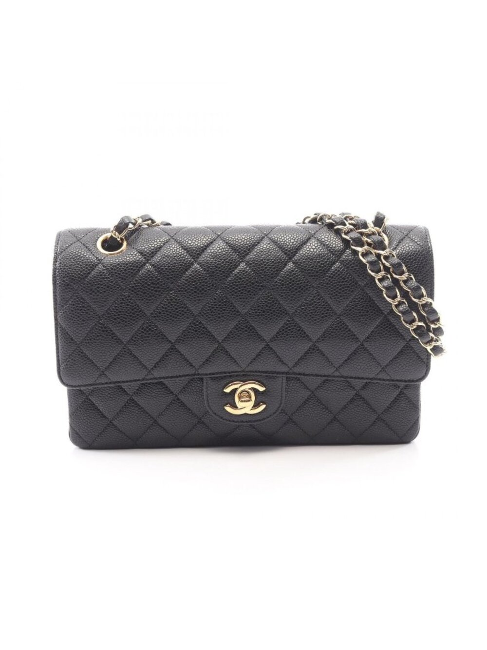 Chanel Shoulder Bag Quilted Double Flap Black Caviar Leather Chain